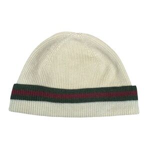 GUCCI Off White Ribbed Knit Wool Silk Blend Beanie Snow Cap Web Sherry Line Ex+